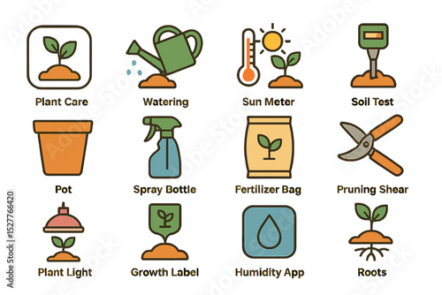 Colorful garden tools icons for plant care and maintenance