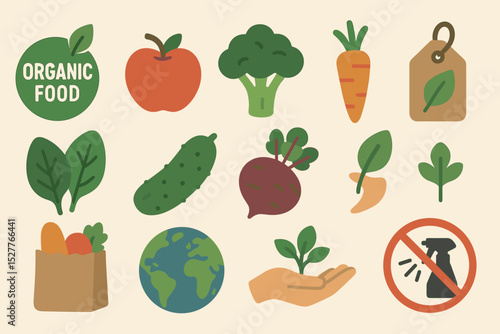 Organic food icons: vegetables, fruits, earth, eco-friendly concepts