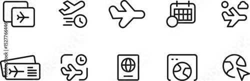 Travel Icons Airplane, Passport, Tickets, Calendar, and Globe for Flight Booking and Trip Planning