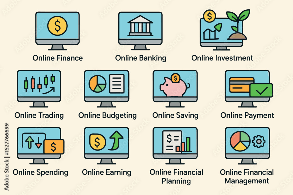 Digital finance icons: online banking, investment, trading, budgeting, payment, saving Digital finance icons: online banking, investment, trading, budgeting, payment, saving
