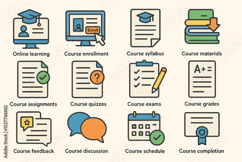 Online learning icons: course enrollment, syllabus, materials, assignments, quizzes, exams, grades, feedback, discussion, schedule, completion