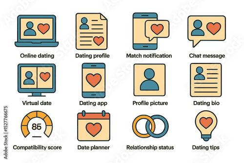 Online dating icons: profiles, apps, chat messages, and relationship status symbols