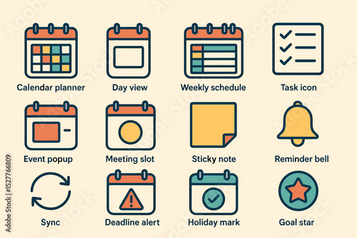 Colorful icon set for calendar, schedule, and task management