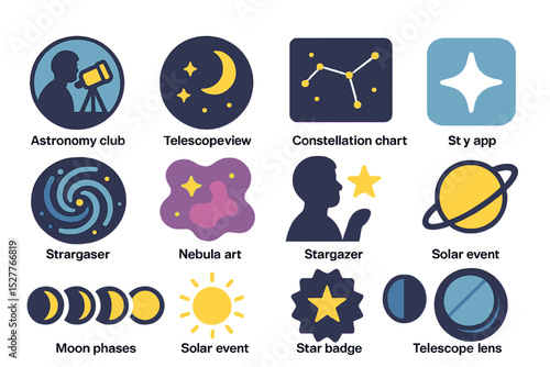 Astronomy icons set including telescope, moon, constellations, galaxy, and solar phases