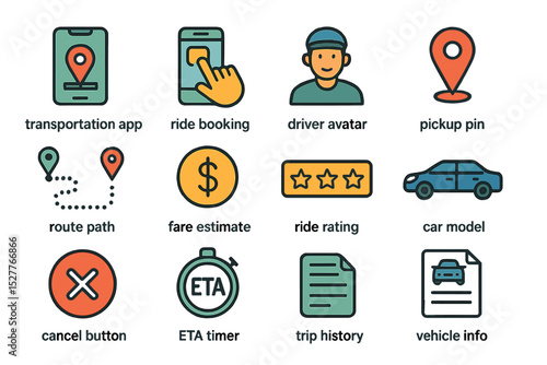 Transportation app icons: booking, location, driver, route, fare, rating, eta, trip