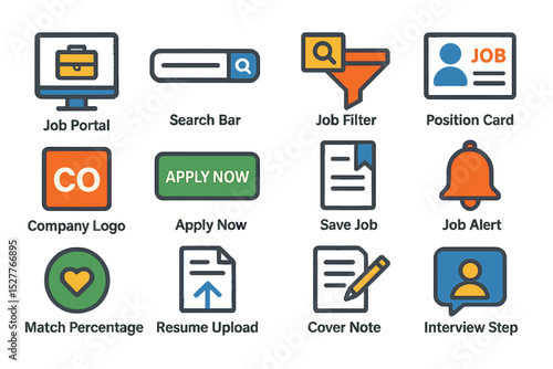 Job portal icons: search, apply, alert, and more for modern employment platforms