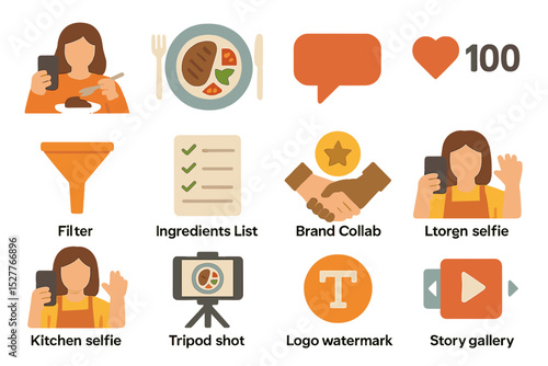 Food blogger icon set featuring female avatar with social media and culinary symbols
