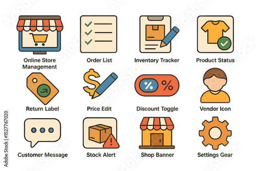 E-commerce management icons: inventory, order, product, discount, settings