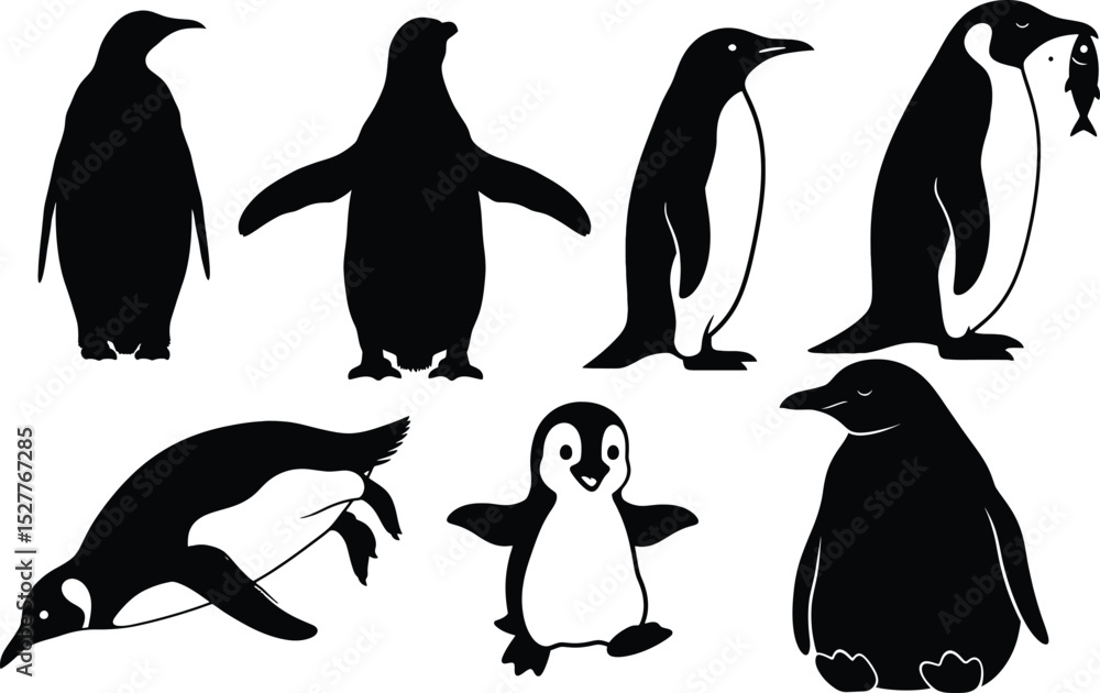 Obraz premium Dynamic Penguin Silhouettes - Including Emperor, Adelie, and Baby Penguin,Penguin Silhouette Vector Bundle 