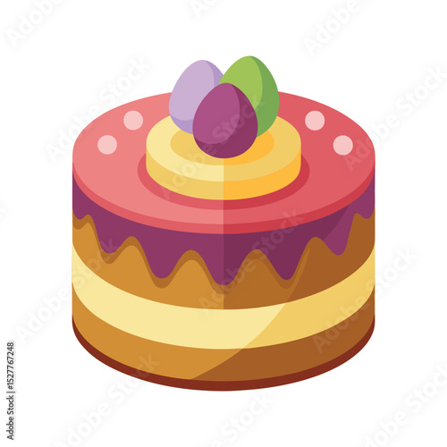 Festive illustration of an easter cake decorated with colorful eggs in a flat design