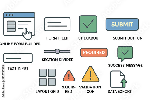 Digital interface elements: form builder, checkbox, submit button, success message, validation icon