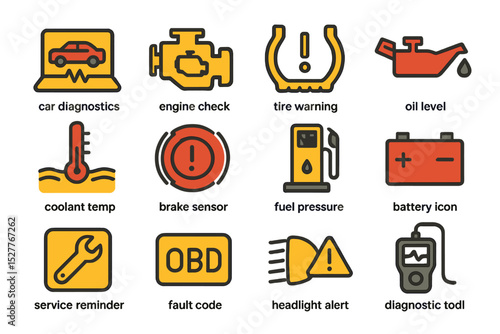 Car diagnostics icons: engine, battery, tire warning, oil level, fuel pressure, brake sensor, obd