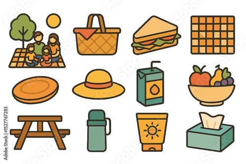 Family picnic illustration with basket, sandwich, fruits, and outdoor items