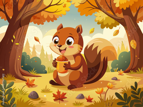 vector of A brown squirrel holds an oak with its paws surrounded by yellow leaves in a sunny autumn park and nibbles on it...
