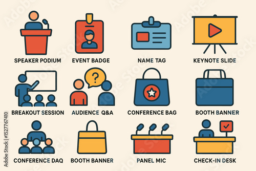 Event icons: speaker, audience, name tag, conference bag, check-in
