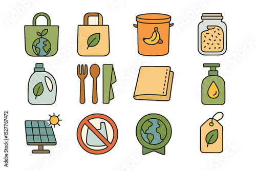 Eco-friendly everyday icons: reusable bags, solar panels, and sustainable products