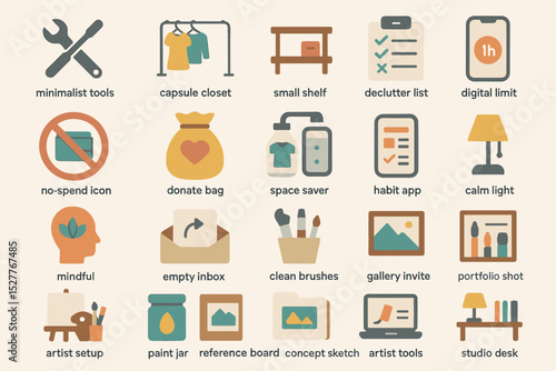 Minimalist icons for organizing: tools, closet, shelves, and digital decluttering