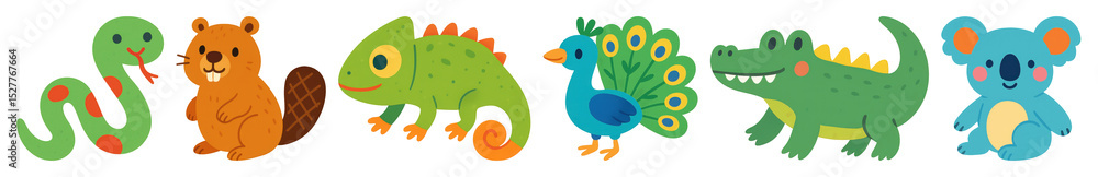 Obraz premium PNG Colorful cartoon animal illustration, element set on transparent background