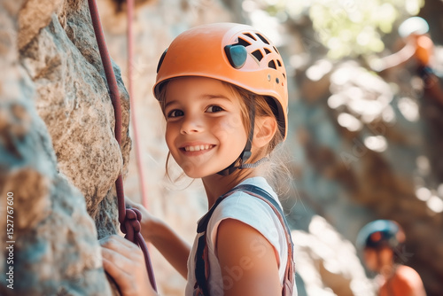 A child rock climbing during a summer camp. A child wearing a helmet and harness learns rock climbing techniques on an outdoor rock wall.