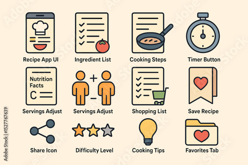 Recipe app icons: ingredient list, cooking steps, timer, nutrition facts, shopping list
