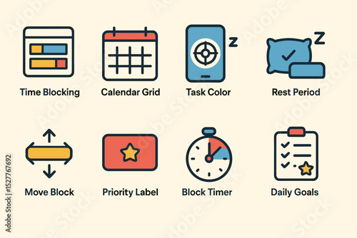 Productivity icons: time blocking, task color, rest period, daily goals