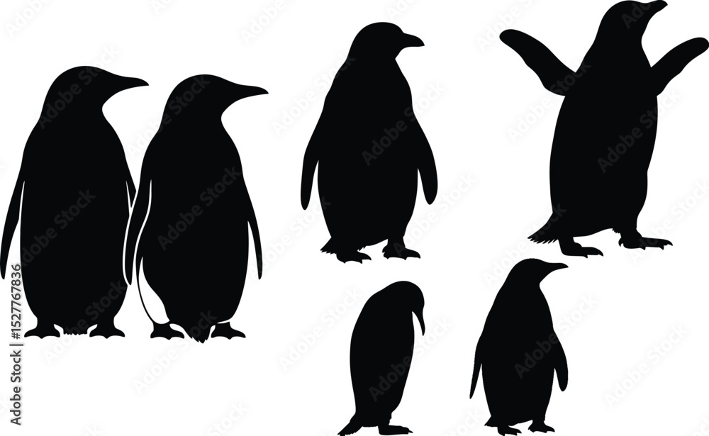 Fototapeta premium Set of Penguin Silhouettes - Standing, Waddling, and Wing Spread Poses,Penguin Silhouette Vector Bundle - Antarctic Wildlife 