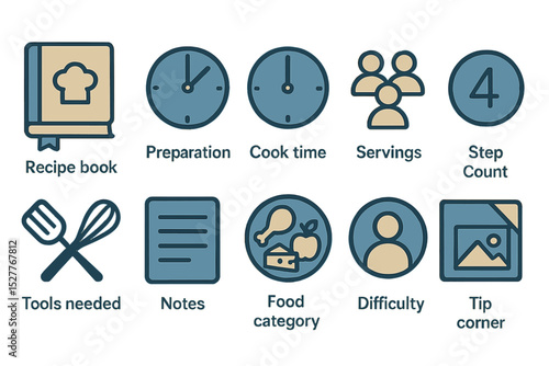 Recipe icons for cooking: tools, timing, servings, and tips