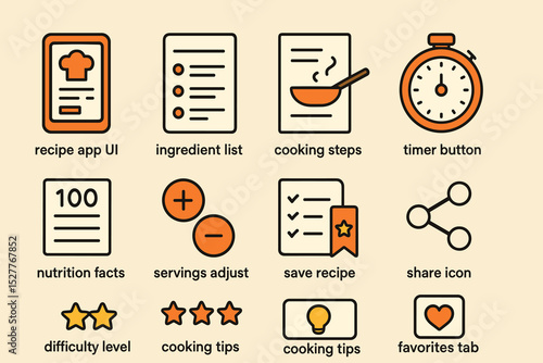 Cooking app interface elements: recipe ui, timer, ingredients, nutrition, and more