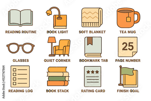 Cozy reading essentials with book light, soft blanket, and tea mug illustrations
