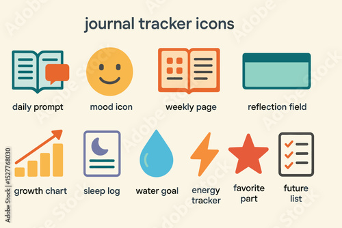 Journal tracker icons featuring daily prompt, mood, weekly page, and more