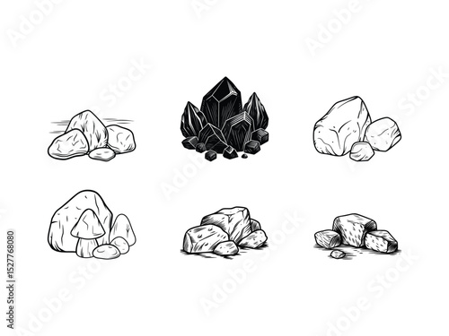 Set of hand drawn black and white rocks and stone illustrations for design elements