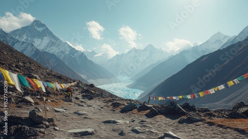 Everest Base Camp with colorful prayer flags and Khumbu Glacier in the background, remote and silent, no people