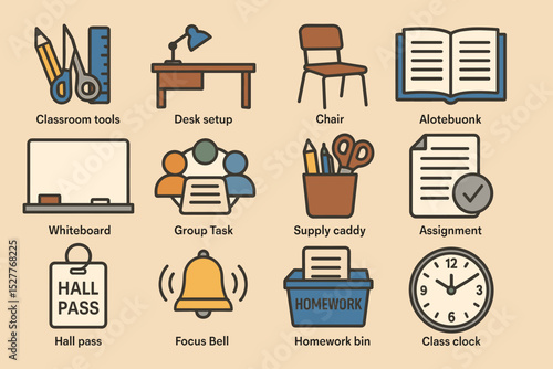 Classroom supplies and tools illustration with desk, books, and school items