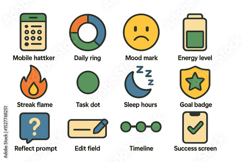 Colorful icons representing mobile usage, energy, mood, and task management