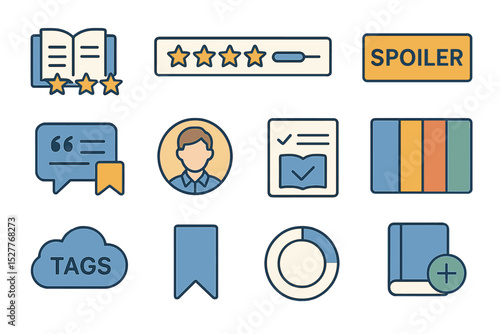 Set of book review icons with ratings and comments