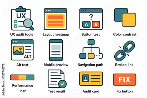 Ux design tools and concepts illustration featuring icons for testing and optimization