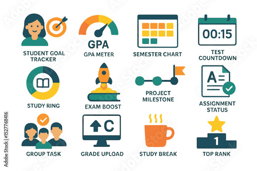Educational dashboard icons for student progress and achievement monitoring