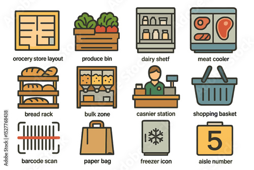Grocery store icons including produce bin, dairy shelf, and cashier station