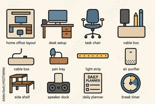 Essential home office items: desk setup, task chair, cable box, air purifier, break timer