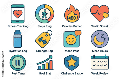 Fitness app icons: steps, calories, heart rate, hydration, strength, mood, sleep, goals