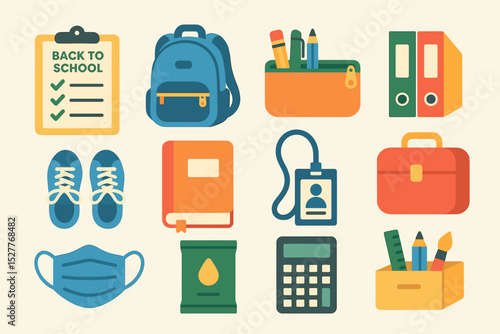 Back to school essentials: backpack, supplies, calculator, mask, id badge
