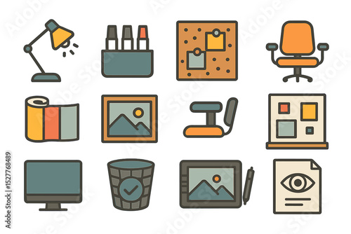 Colorful office icons - lamp, chair, art supplies, cork board, monitor, trash bin, tablet