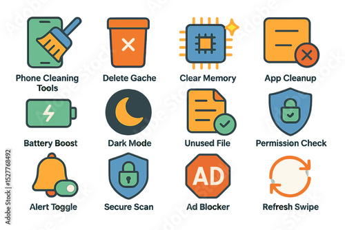 App optimization icons for cleaning, security, and performance enhancement