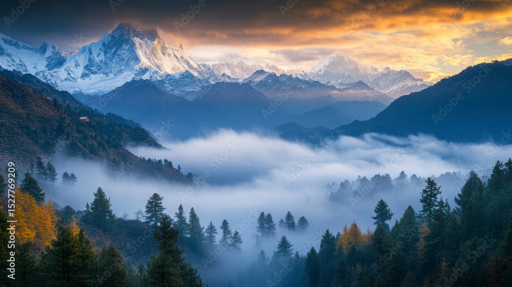 Obraz premium Foggy Himalayan morning with soft light piercing through clouds over forested slopes, no people