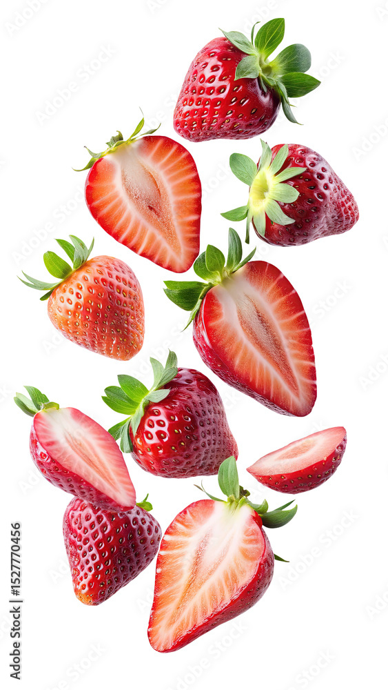 flying strawberries fruit and half slices isolated on transparent white background png, clipping path flying strawberries fruit and half slices isolated on transparent white background png, clipping path