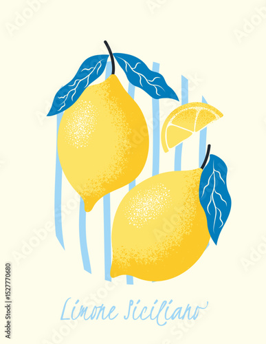 Playful vintage poster with two Sicilian lemons, citrus wedge and blue leaves. Great for Italian food prints, fruit posters or Mediterranean themed kitchen graphics. Vector illustration