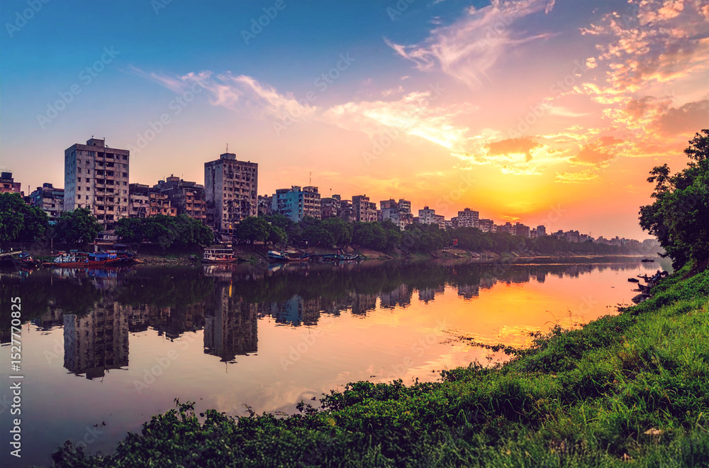Obraz premium Dhaka Cityscape and River at Golden Hour