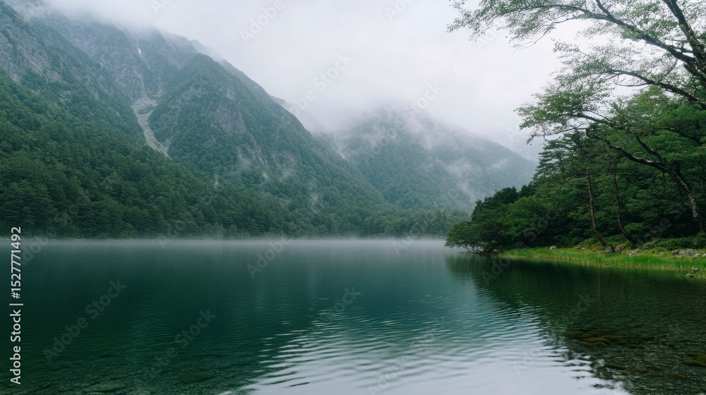 Fototapeta premium Misty morning in Kamikochi valley with fog drifting between tall mountains and calm reflective lake, untouched nature, no people