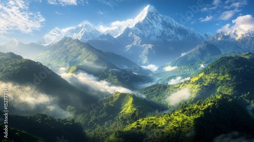 Mist-covered hills leading to Mardi Himal, lush green forests blending with rugged alpine terrain, no humans