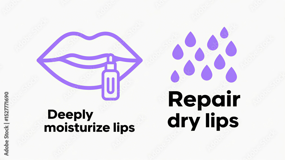 Purple lips and dropper pattern, representing deep moisturizing of lips, repairing dryness, suitable for lip care, autumn and winter lip care scenes. Purple lips and dropper pattern, representing deep moisturizing of lips, repairing dryness, suitable for lip care, autumn and winter lip care scenes.